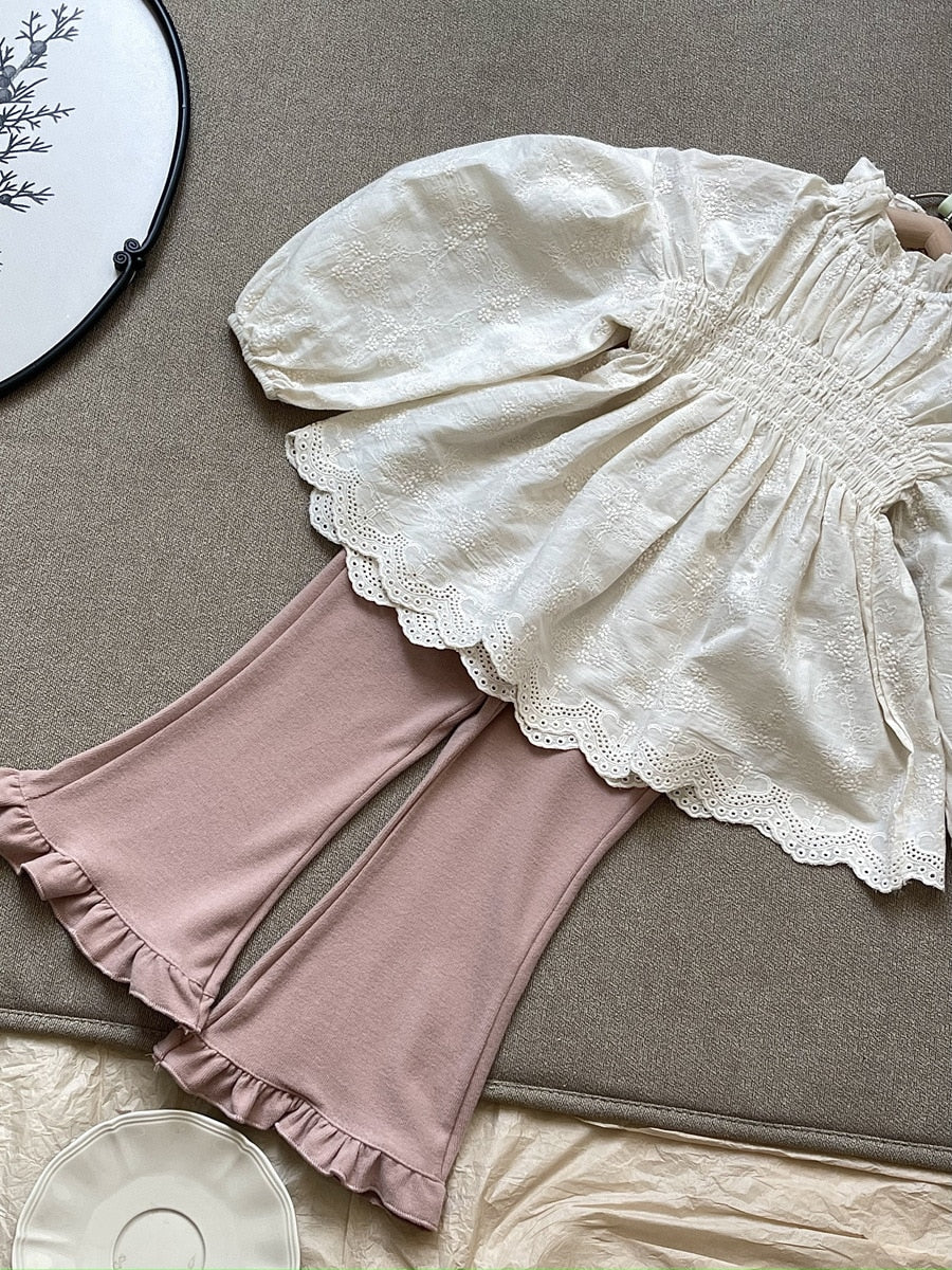 -キッズ レース 刺繍 長袖 ランタンスリーブ チュニック ブラウス トップス ガールズ - mamahalo shop - 長袖シャツ・ブラウス -  べビー服 - 子供服 - 男の子 - 女の子