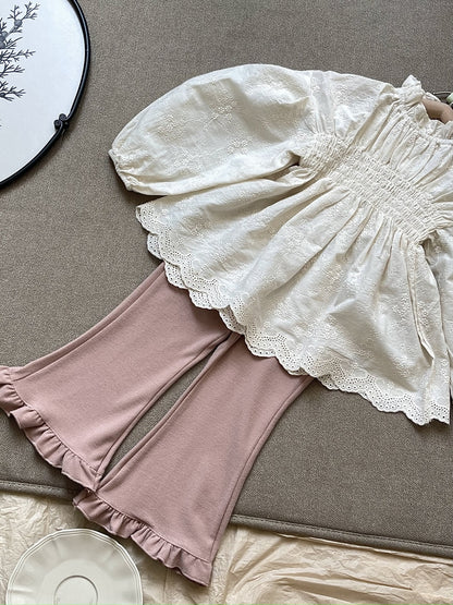 -キッズ レース 刺繍 長袖 ランタンスリーブ チュニック ブラウス トップス ガールズ - mamahalo shop - 長袖シャツ・ブラウス -  べビー服 - 子供服 - 男の子 - 女の子