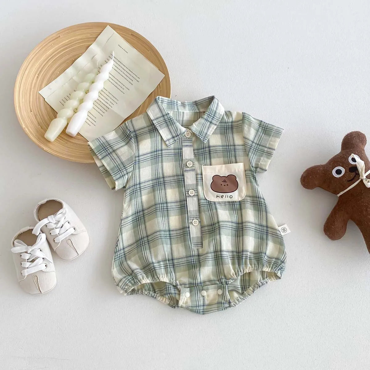 -ベビーロンパース 半袖シャツボディスーツ レトロチェック【mh0006271】 - mamahalo shop - 半袖ロンパース -  べビー服 - 子供服 - 男の子 - 女の子