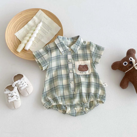-ベビーロンパース 半袖シャツボディスーツ レトロチェック【mh0006271】 - mamahalo shop - 半袖ロンパース -  べビー服 - 子供服 - 男の子 - 女の子