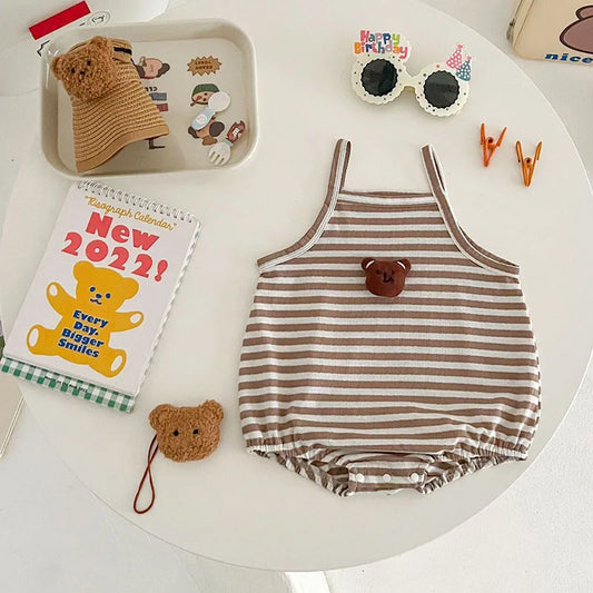 -ベビーロンパース キャミソールボディスーツ ボーダー ベアくまアップリケ【mh0006267】 - mamahalo shop - ノースリーブロンパース -  べビー服 - 子供服 - 男の子 - 女の子