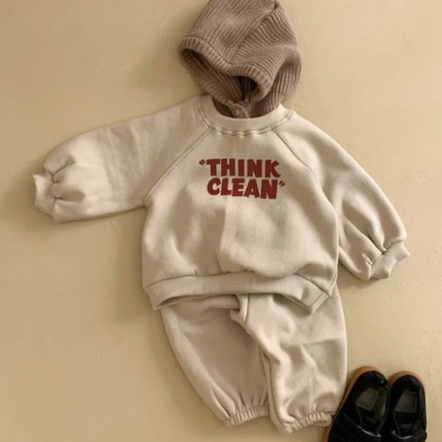 ベビーセットアップ THINK CLAEAN レターロゴプリントスウェットシャツ+スウェットパンツ 2カラー - mamahalo shop - 長袖セットアップ -  べビー服 - 子供服 - 男の子 - 女の子