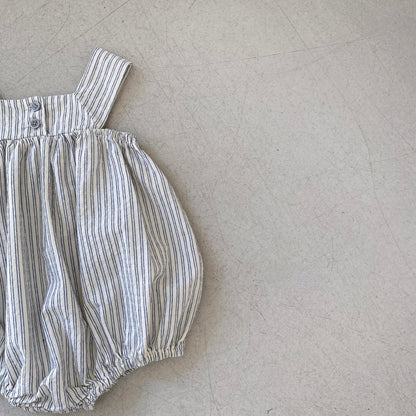 -ベビー ストライプ ノースリーブ サスペンダー ロンパース ブルー カーキ ユニセックス 5913B - mamahalo shop - ノースリーブロンパース -  べビー服 - 子供服 - 男の子 - 女の子