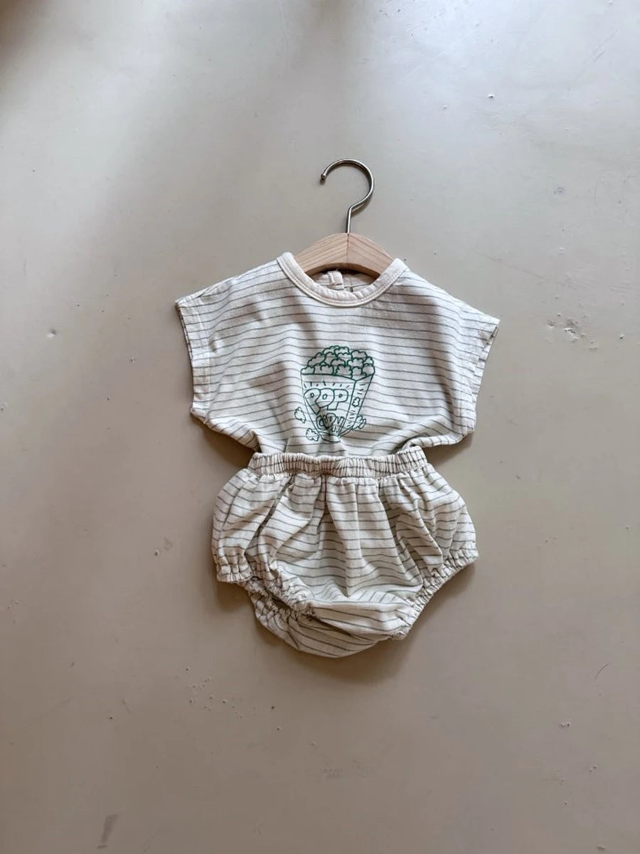 -ベビーセットアップ 2点セット 半袖Tシャツ+ブルマパンツ ボーダー ポップコーンプリント 2カラー【mh0005940】 - mamahalo shop - 半袖セットアップ -  べビー服 - 子供服 - 男の子 - 女の子