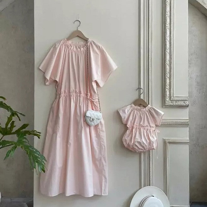 -ベビー ウエストマーク 半袖 ロンパース ピンク ベージュ ガールズ【mh0002089】 - mamahalo shop - 半袖ロンパース -  べビー服 - 子供服 - 男の子 - 女の子