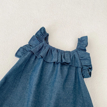 -ベビーサロペット デニムサスペンダーパンツ ノースリーブフリルジャンプスーツ【mh0004867】 - mamahalo shop - サロペットパンツ・サスペンダーパンツ -  べビー服 - 子供服 - 男の子 - 女の子