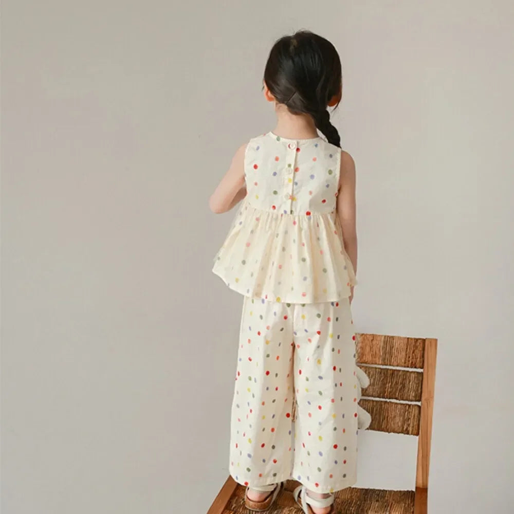 -キッズセットアップ 2点セット カラフルドットプリント ノースリーブペプラムブラウス+ロングルーズパンツ【mh0006091】 - mamahalo shop - ノースリーブセットアップ -  べビー服 - 子供服 - 男の子 - 女の子