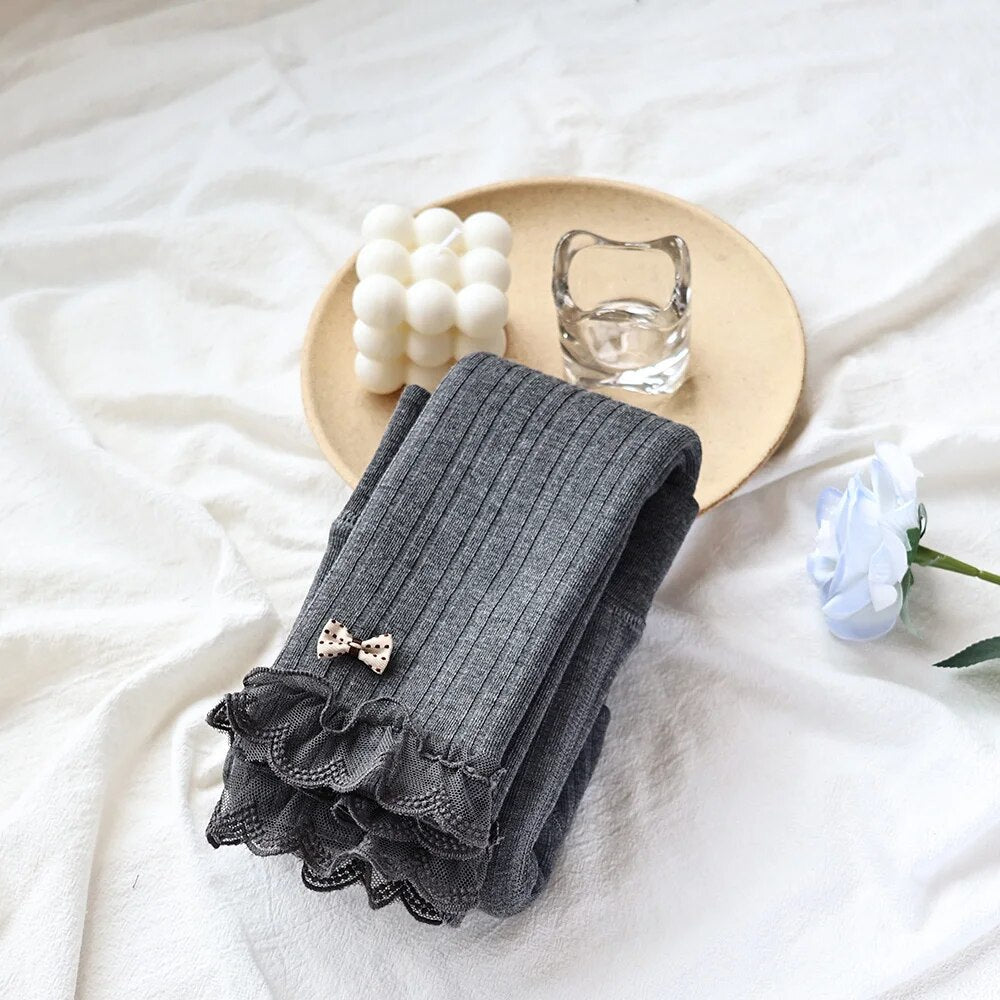 -キッズレギンス 裏ボア 暖パン レギンスパンツ レギパン タイツ リボン レースフリル カーキ グレー ベージュ 3カラー ガールズ 女の子 子供服 - mamahalo shop - レギンスパンツ -  べビー服 - 子供服 - 男の子 - 女の子