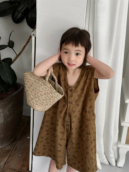 -キッズジャンプスーツ ノースリーブルーズショートつなぎ フラワー花柄プリント 2カラー【mh0006012】 - mamahalo shop - ノースリーブジャンプスーツ -  べビー服 - 子供服 - 男の子 - 女の子