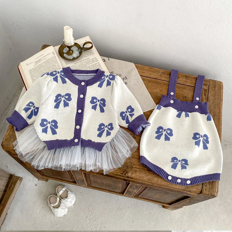 -ベビーカーディガン/ロンパース リボン柄チュチュペプラムニットジャケット/サスペンダーボディスーツ【mh0007033】 - mamahalo shop - ロンパースセットアップ -  べビー服 - 子供服 - 男の子 - 女の子