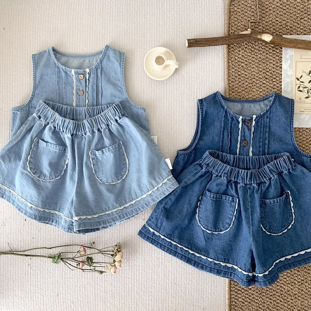 -ベビーキッズセットアップ 2点セット デニム ノースリーブベストブラウス+ショートパンツ キュロットパンツ 2カラー - mamahalo shop - ノースリーブセットアップ -  べビー服 - 子供服 - 男の子 - 女の子