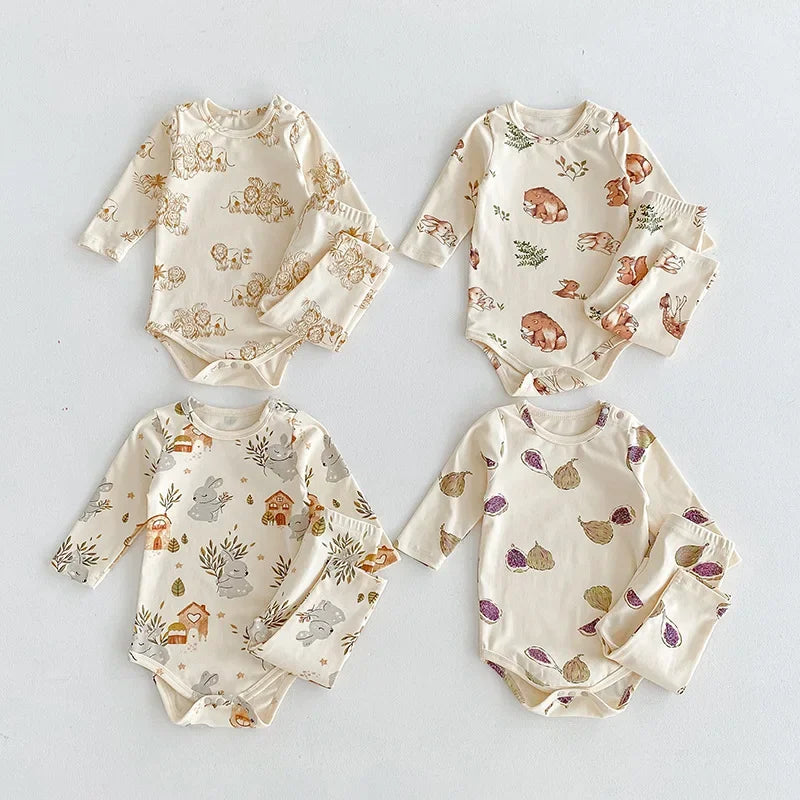 -ベビーロンパース/パンツ/ボンネット フォレストアニマルプリント長袖ボディスーツ/ロングパンツ/帽子 4デザイン【mh0006931】 - mamahalo shop - ロンパースセットアップ -  べビー服 - 子供服 - 男の子 - 女の子