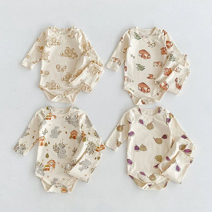 -ベビーロンパース/パンツ/ボンネット フォレストアニマルプリント長袖ボディスーツ/ロングパンツ/帽子 4デザイン【mh0006931】 - mamahalo shop - ロンパースセットアップ -  べビー服 - 子供服 - 男の子 - 女の子