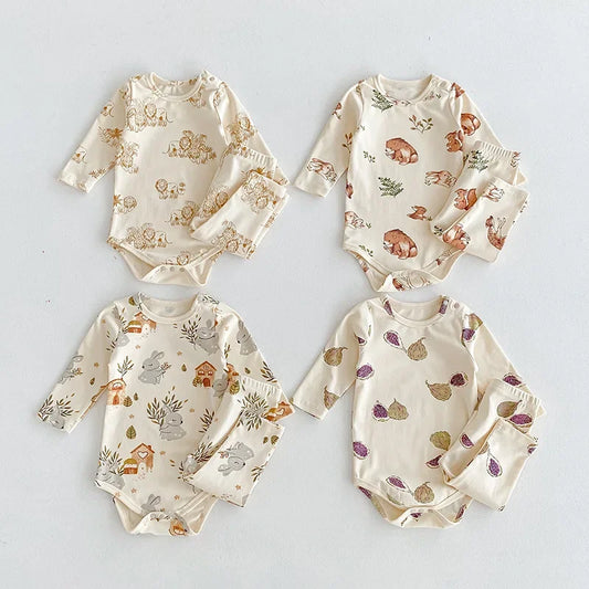 -ベビーロンパース/パンツ/ボンネット フォレストアニマルプリント長袖ボディスーツ/ロングパンツ/帽子 4デザイン【mh0006931】 - mamahalo shop - ロンパースセットアップ -  べビー服 - 子供服 - 男の子 - 女の子