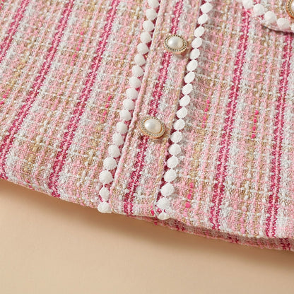 -キッズ ツイード チェック 半袖 パフスリーブ お出かけ タイト ワンピース ピンク ガールズ - mamahalo shop - 長袖ワンピース -  べビー服 - 子供服 - 男の子 - 女の子