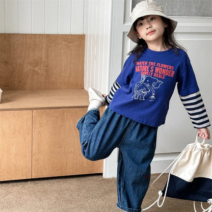 -キッズトップス 長袖ドッキングTシャツ 象エレファントプリント ボーダー袖 2カラー - mamahalo shop - 長袖Tシャツ -  べビー服 - 子供服 - 男の子 - 女の子