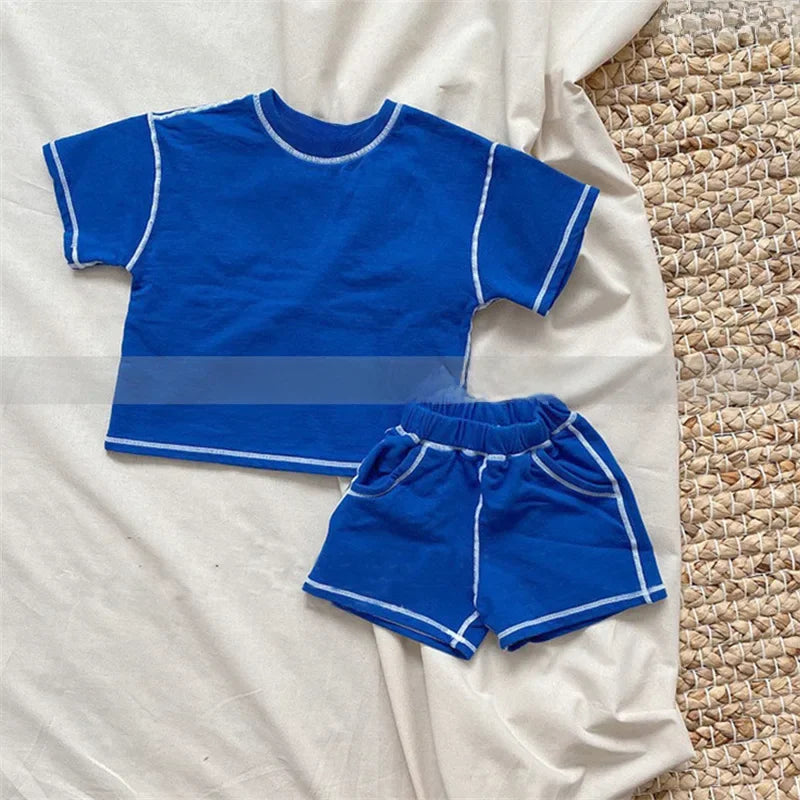 -キッズセットアップ 2点セット 半袖Tシャツ+ショートパンツ ステッチアクセント シンプルベーシック【mh0005669】 - mamahalo shop - 半袖セットアップ -  べビー服 - 子供服 - 男の子 - 女の子