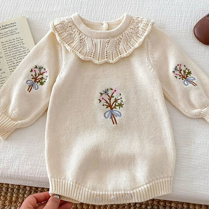 -ベビーロンパース 長袖ニットボディスーツ フラワー花柄刺繍 フリルサークル襟 4カラー【mh0004189】 - mamahalo shop - 長袖ロンパース -  べビー服 - 子供服 - 男の子 - 女の子