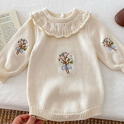 -ベビーロンパース 長袖ニットボディスーツ フラワー花柄刺繍 フリルサークル襟 4カラー【mh0004189】 - mamahalo shop - 長袖ロンパース -  べビー服 - 子供服 - 男の子 - 女の子