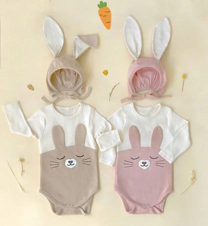 -ベビー うさぎ うさ耳 バニー ドッキング 半袖 ロンパース 耳帽子 セット ピンク アプリコット ユニセックス【mh0001994】 - mamahalo shop - 半袖ロンパース -  べビー服 - 子供服 - 男の子 - 女の子