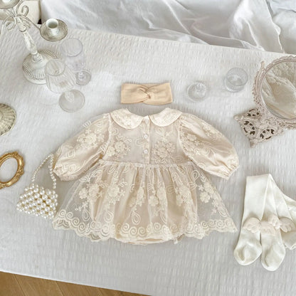 -ベビーロンパース 総レースドレスワンピースボディスーツ ドレスロンパース アプリコット - mamahalo shop - 長袖ロンパース -  べビー服 - 子供服 - 男の子 - 女の子
