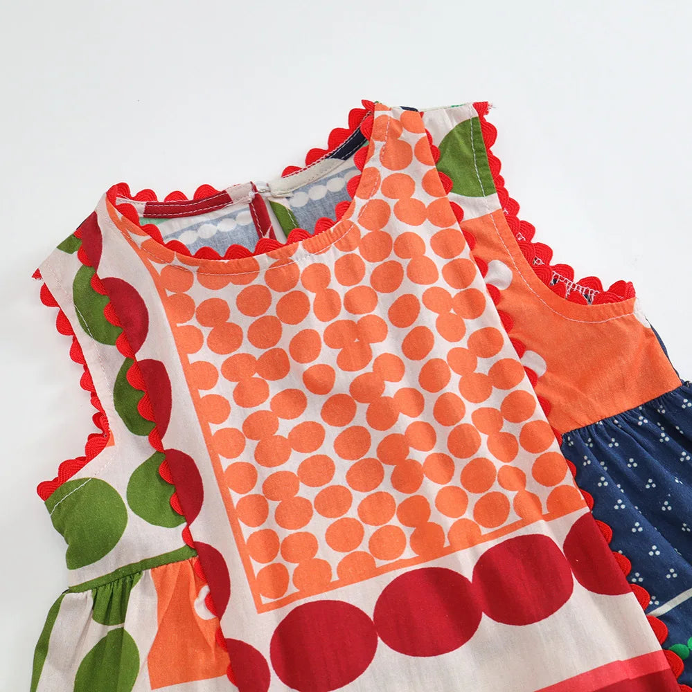 -キッズワンピース ノースリーブパッチワーク幾何学サマードレス 北欧風【mh0006025】 - mamahalo shop - ノースリーブワンピース -  べビー服 - 子供服 - 男の子 - 女の子