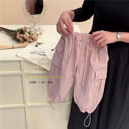 -キッズセットアップ 2点セット サスペンダーショートタンクトップ+カーゴパンツ ピンク - mamahalo shop - ノースリーブセットアップ -  べビー服 - 子供服 - 男の子 - 女の子