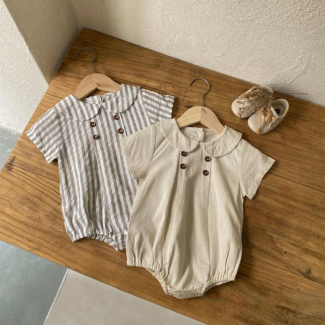 ☺︎ ベビーロンパース 半袖丸襟ボディスーツ 無地/ストライプ 2カラー - mamahalo shop - 半袖ロンパース -  べビー服 - 子供服 - 男の子 - 女の子