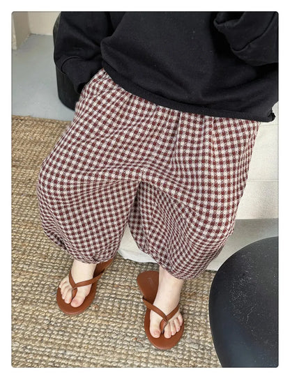 -キッズパンツ チェック柄ランタンパンツ ルーズロングパンツ コーヒーレッド/ブラック/2カラー - mamahalo shop - ロングパンツ・スウェットパンツ -  べビー服 - 子供服 - 男の子 - 女の子