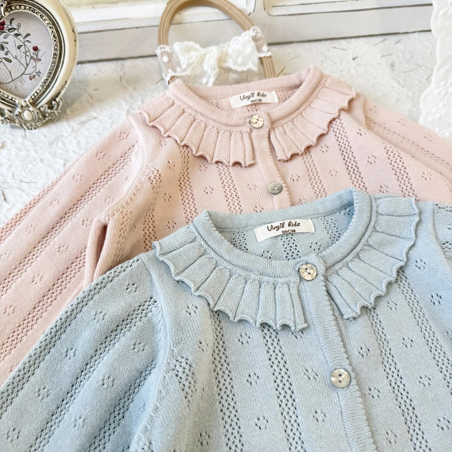 -キッズカーディガン レースニットトップス フリル お出かけ ブルー/ピンク/2カラー - mamahalo shop - カーディガン・パーカー -  べビー服 - 子供服 - 男の子 - 女の子