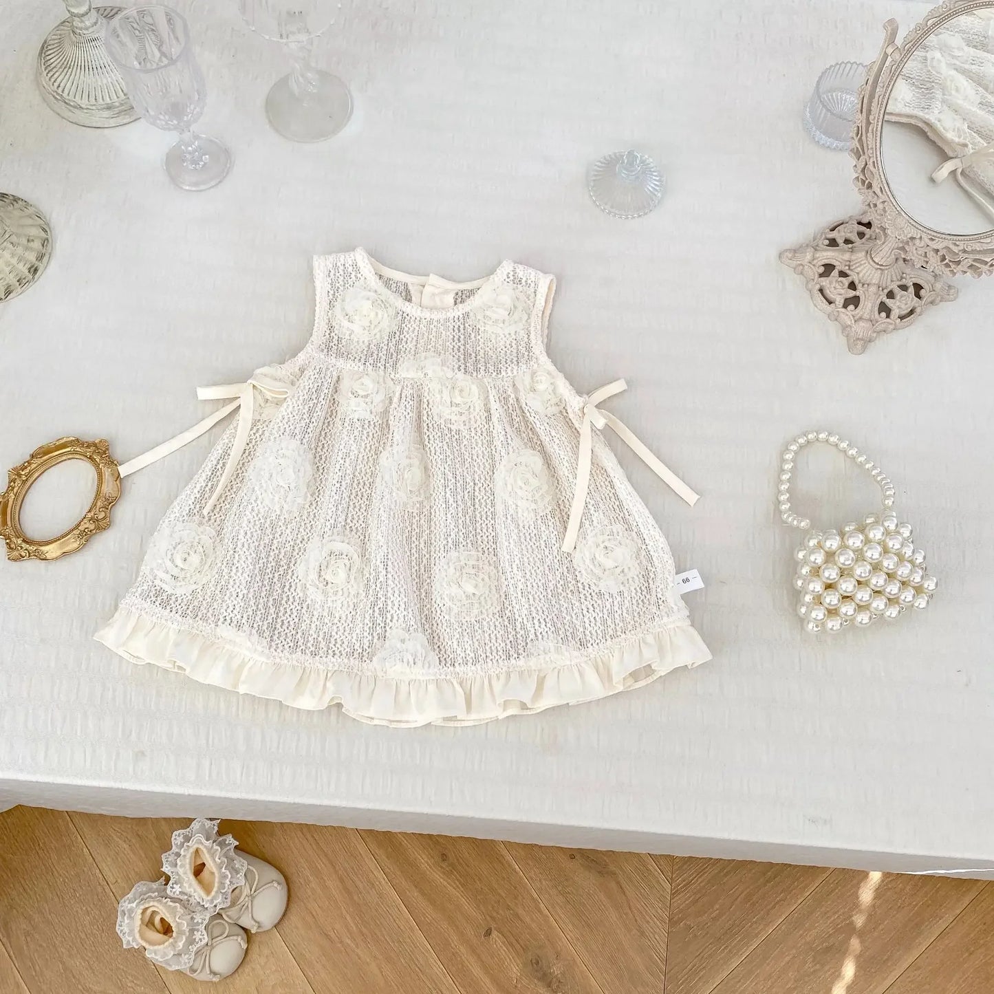 -ベビーセットアップ 2点セット 丸襟長袖ロンパース+ローズレースエプロンノースリーブベストドレスワンピース 2カラー - mamahalo shop - ロンパースセットアップ -  べビー服 - 子供服 - 男の子 - 女の子