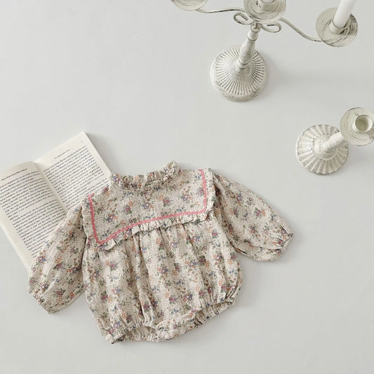 -ベビーロンパース フリル襟 長袖ボディスーツ フラワー花柄プリント【mh0004396】 - mamahalo shop - 長袖ロンパース -  べビー服 - 子供服 - 男の子 - 女の子