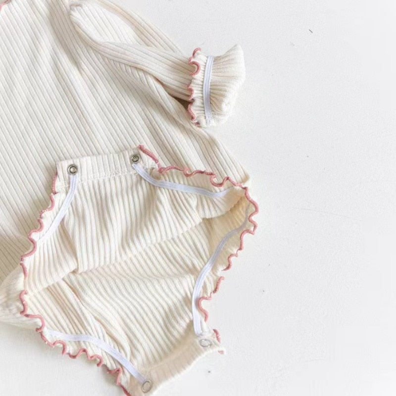 -ベビー 長袖ロンパース リブ フリル スタンドカラー シンプル ベーシック ピンク ベージュ 2カラー ガールズ 女の子 子供服 7819 - mamahalo shop - 長袖ロンパース -  べビー服 - 子供服 - 男の子 - 女の子