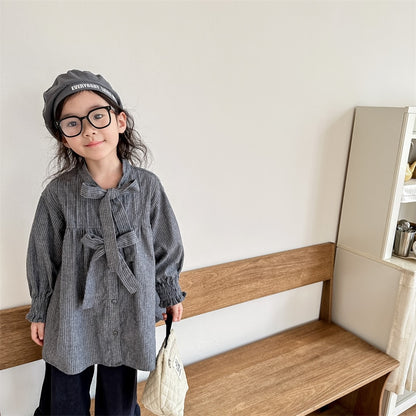 -キッズ ストライプ ピンタック リボン ルーズ 長袖 ブラウス シャツ ジャケット ガールズ - mamahalo shop - ショートコート・ジャケット・ジャンパー -  べビー服 - 子供服 - 男の子 - 女の子