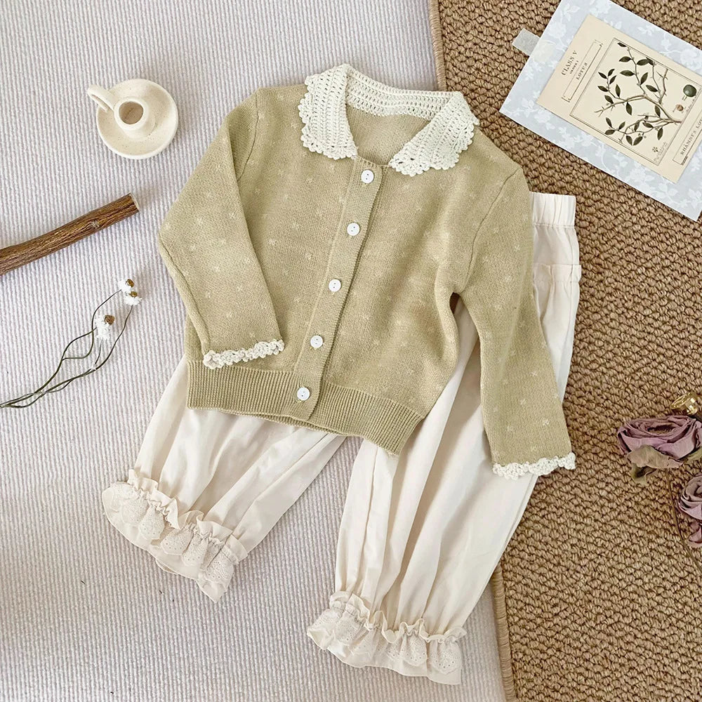 -ベビーキッズカーディガン ニット レース襟トップス ブルー/イエロー/2カラー - mamahalo shop - カーディガン・パーカー -  べビー服 - 子供服 - 男の子 - 女の子