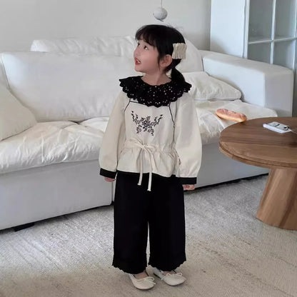 -キッズトップス ラッフル襟フラワー刺繍チュニックブラウス/ロングフリルパンツ - mamahalo shop - 長袖セットアップ -  べビー服 - 子供服 - 男の子 - 女の子