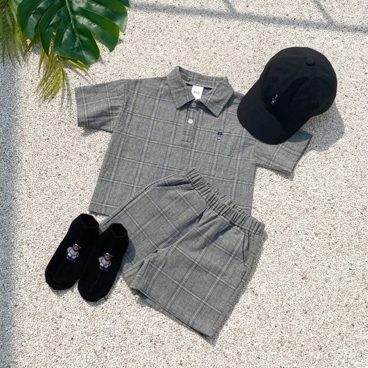 -ベビーセットアップ 2点セット 半袖シャツ+ショートパンツ グレンチェック ベアくま刺繍 2カラー - mamahalo shop - 半袖セットアップ -  べビー服 - 子供服 - 男の子 - 女の子