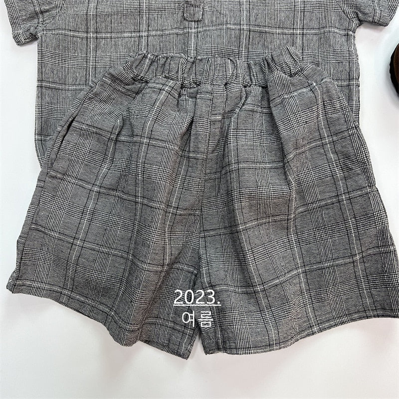 -キッズ グレンチェック セットアップ 半袖 シャツ ショートパンツ ベージュ ダークグレー ボーイズ - mamahalo shop - 半袖セットアップ -  べビー服 - 子供服 - 男の子 - 女の子