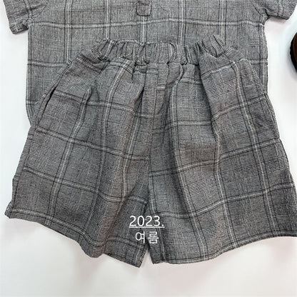 -キッズ グレンチェック セットアップ 半袖 シャツ ショートパンツ ベージュ ダークグレー ボーイズ - mamahalo shop - 半袖セットアップ -  べビー服 - 子供服 - 男の子 - 女の子