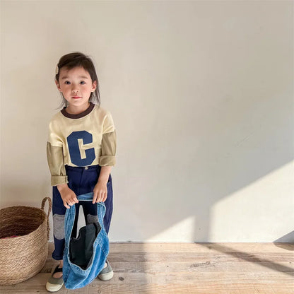 -キッズトップス 長袖Tシャツ パッチワーク レターロゴプリント 2カラー - mamahalo shop - 長袖Tシャツ -  べビー服 - 子供服 - 男の子 - 女の子