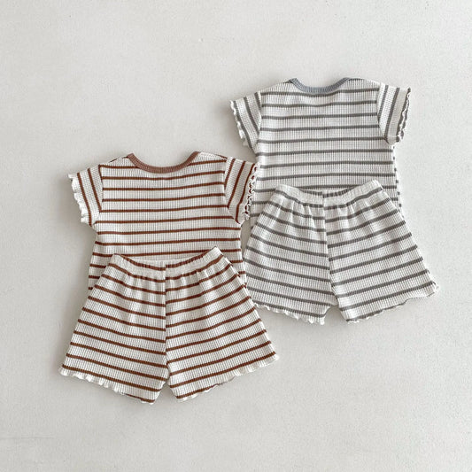 -キッズセットアップ 2点セット 半袖Tシャツ+ショートパンツ ボーダー 2カラー【mh0005581】 - mamahalo shop - 半袖セットアップ -  べビー服 - 子供服 - 男の子 - 女の子