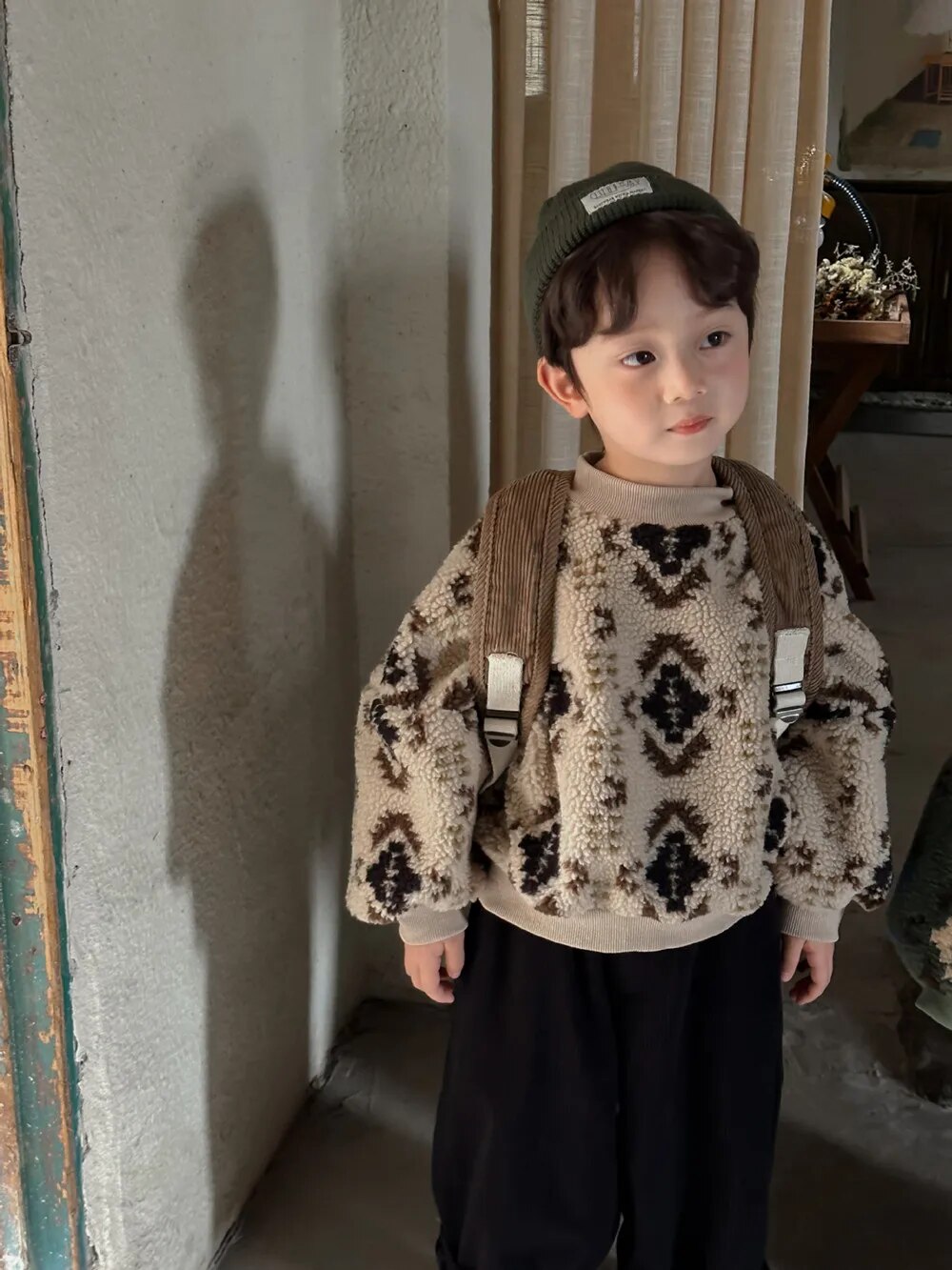 -キッズスウェットシャツ トライバル柄 ボアフリーストレーナー トップス カーキ グリーン 2カラー ユニセックス 男の子 女の子 子供服 - mamahalo shop - トレーナー・フーディ -  べビー服 - 子供服 - 男の子 - 女の子