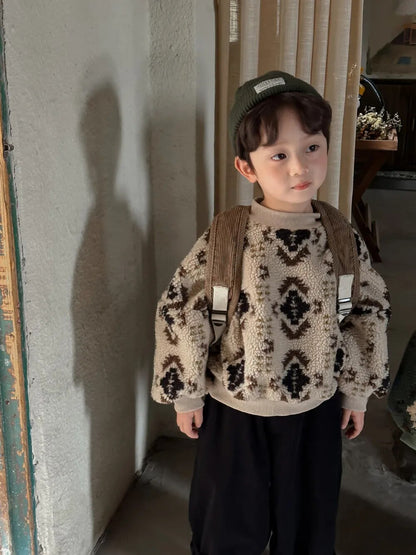 -キッズスウェットシャツ トライバル柄 ボアフリーストレーナー トップス カーキ グリーン 2カラー ユニセックス 男の子 女の子 子供服 - mamahalo shop - トレーナー・フーディ -  べビー服 - 子供服 - 男の子 - 女の子