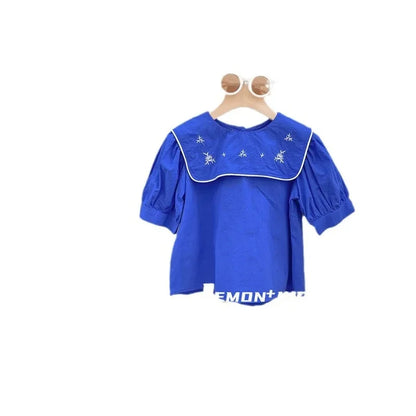 -キッズセットアップ 2点セット 半袖刺繍襟ブラウス+チェックワイドルーズパンツ 2カラー【mh0006133】 - mamahalo shop - 半袖セットアップ -  べビー服 - 子供服 - 男の子 - 女の子