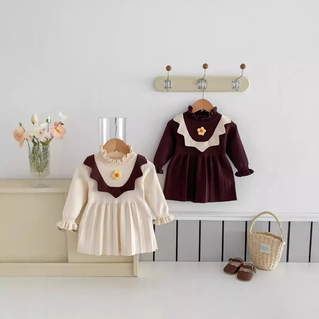 -ベビーキッズワンピース ニットフラワー長袖ワンピース 2カラー - mamahalo shop - 長袖ワンピース -  べビー服 - 子供服 - 男の子 - 女の子