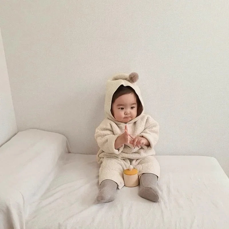 -ベビーアウタージャンプスーツ とんがり帽子フーディ長袖ロンパース ボアフリース ユニセックス 男の子 女の子 子供服 - mamahalo shop - アウタージャンプスーツ -  べビー服 - 子供服 - 男の子 - 女の子