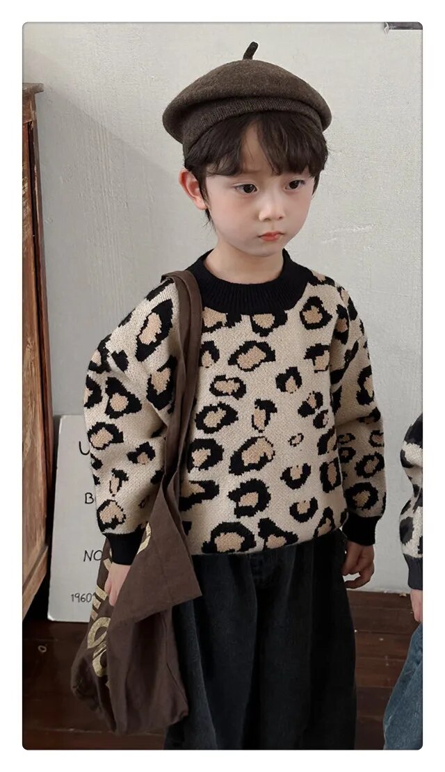-キッズセーター レオパード柄 ヒョウ柄 ニット プルオーバートップス ブラック ベージュ 2カラー ユニセックス 男の子 女の子 子供服 - mamahalo shop - ニット・セーター -  べビー服 - 子供服 - 男の子 - 女の子