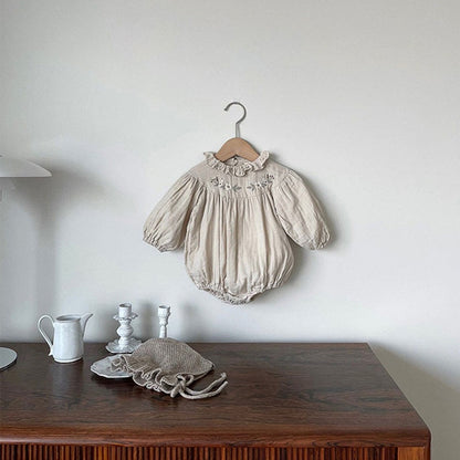 -ベビー 長袖ロンパース フラワー刺繍 花柄 フリルカラー フリル クリーム グレー 2カラー ガールズ 女の子 子供服 - mamahalo shop - 長袖ロンパース -  べビー服 - 子供服 - 男の子 - 女の子