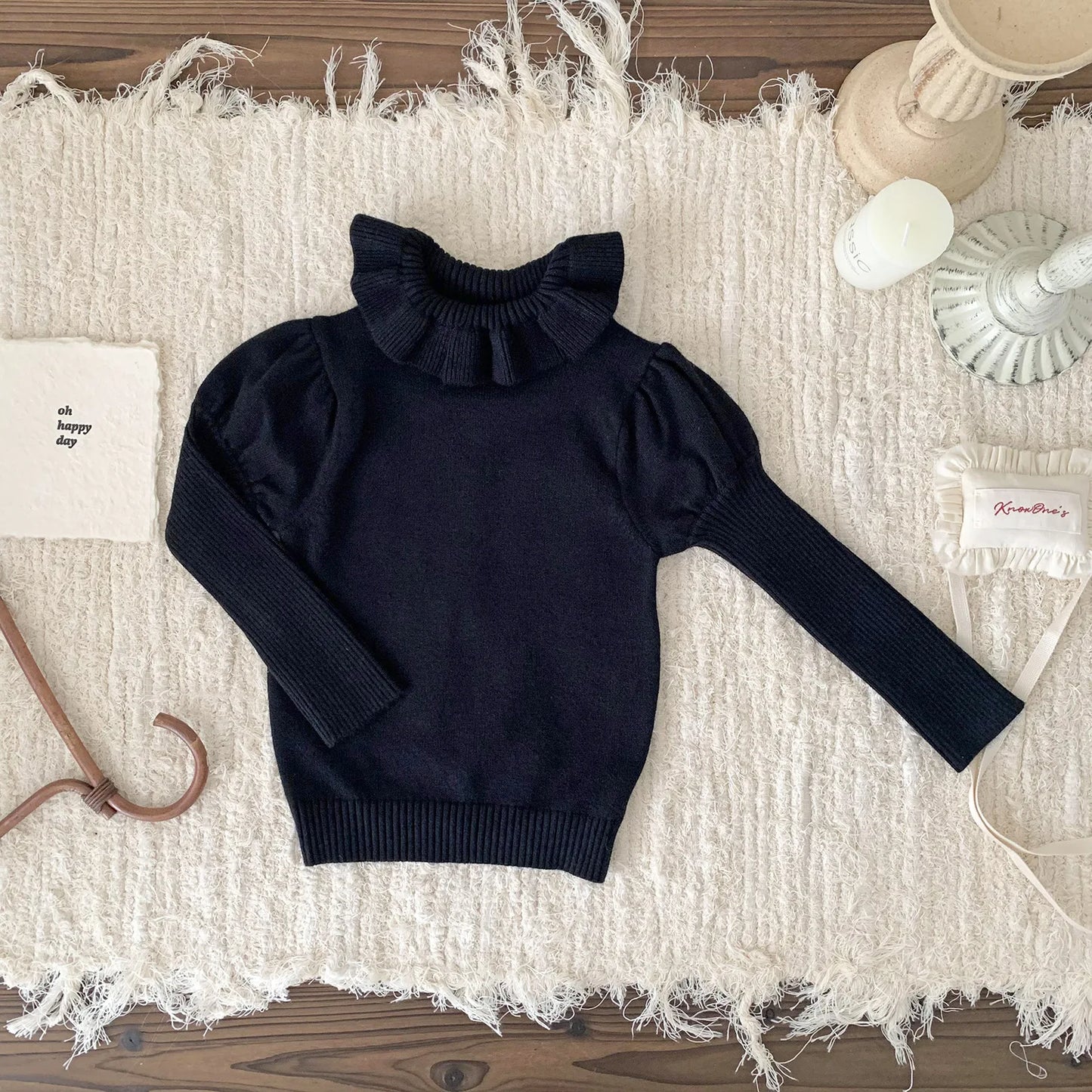 -ベビーキッズトップス ラッフル襟ニット長袖パフスリーブカットソーセーター 3カラー - mamahalo shop - ニット・セーター -  べビー服 - 子供服 - 男の子 - 女の子