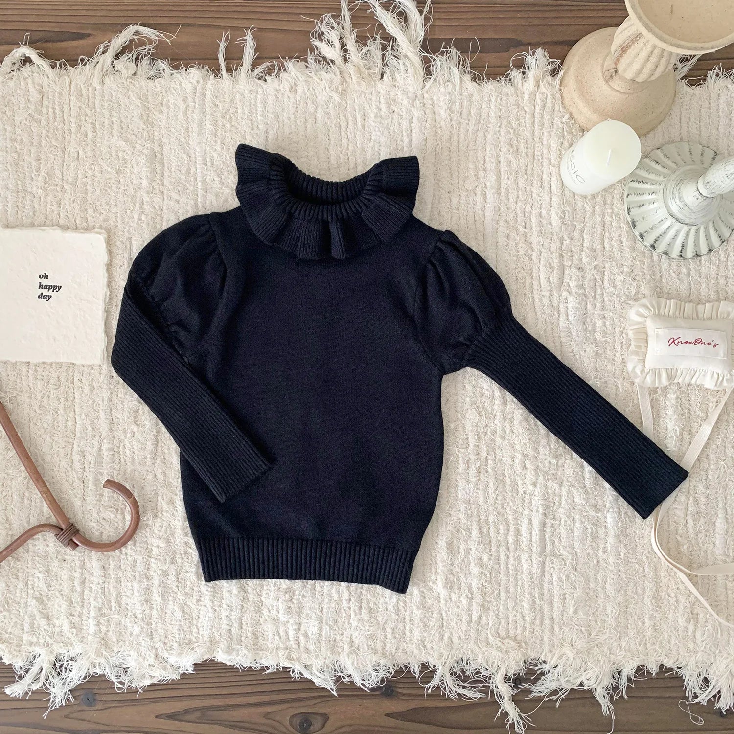 -ベビーキッズトップス ラッフル襟ニット長袖パフスリーブカットソーセーター 3カラー - mamahalo shop - ニット・セーター -  べビー服 - 子供服 - 男の子 - 女の子